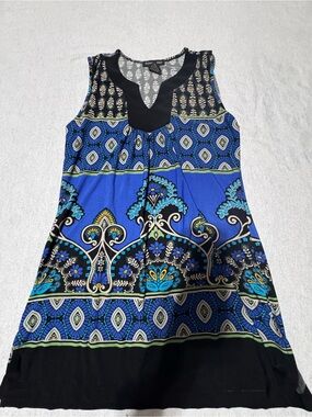 Susan Lawrence black and Teal Printed Shell Top